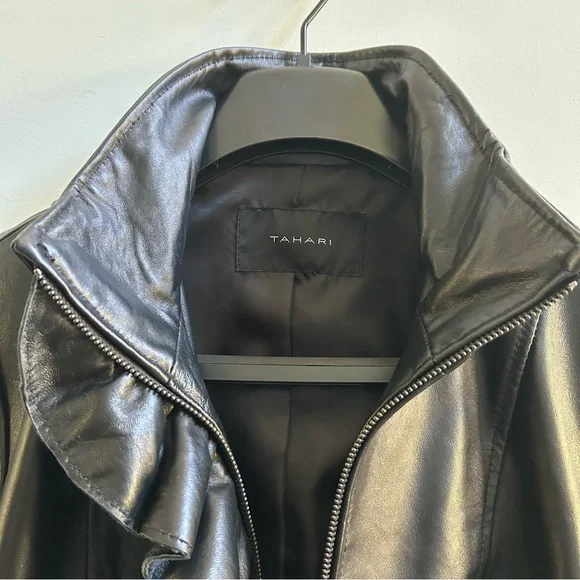 NWT Tahari Perry Women's Black Lamb Leather Ruffled Front Zip Jacket, Size Small - Picture 5 of 9